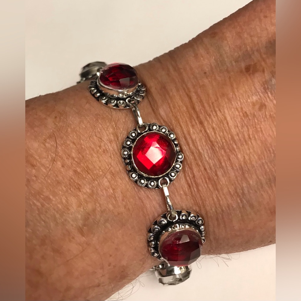 Garnet Stamped 925 Sterling Silver Bracelet